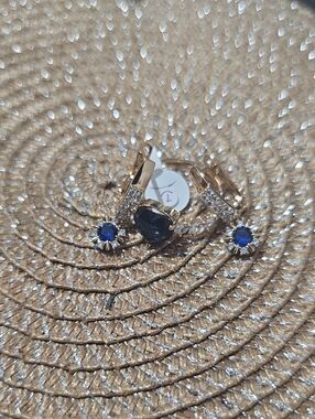 Gold Tone Women's Ring and Earrings Set with Blue Stones